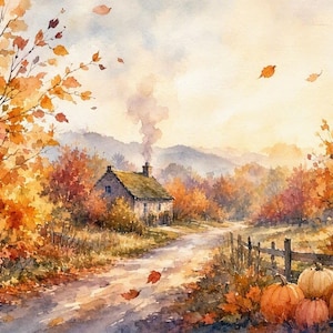 Höstbakgrundsbildset, höstlandskap i akvarell, mysiga datorbakgrunder, 12 digitala bakgrunder