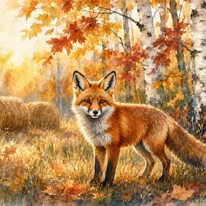 Könnte beinhalten: Ein Aquarellgemälde eines Rotfuchses, der im Herbst auf einem Feld steht. Der Fuchs hat orangefarbenes Fell mit einer weißen Brust und schwarz gefärbten Ohrenspitzen. Im Hintergrund sind zwei Heuballen und Birken zu sehen.