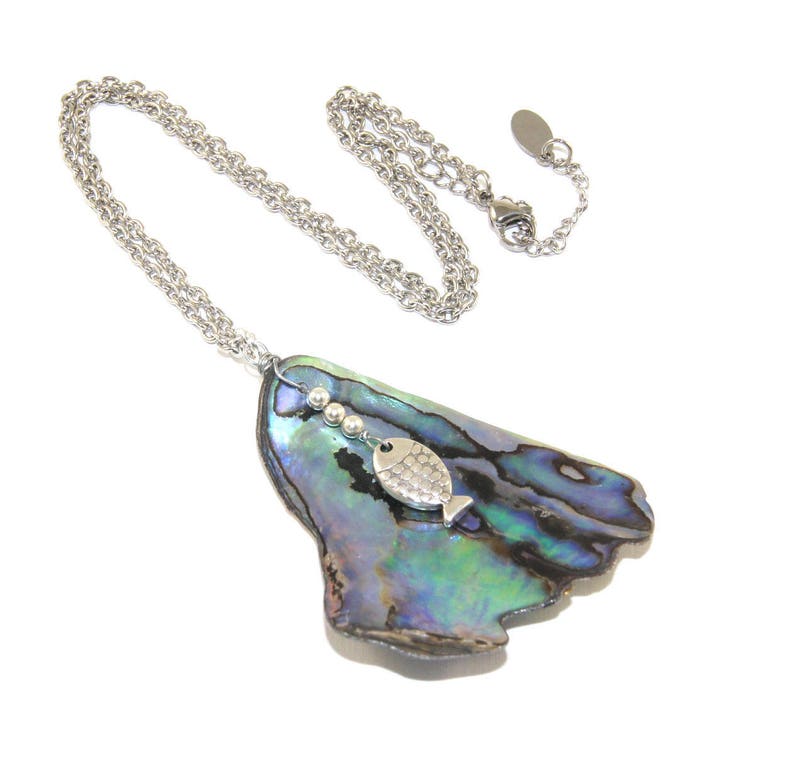 Silver Plated Blue Tones Abalone Paua Shell Owl Pendant Necklace