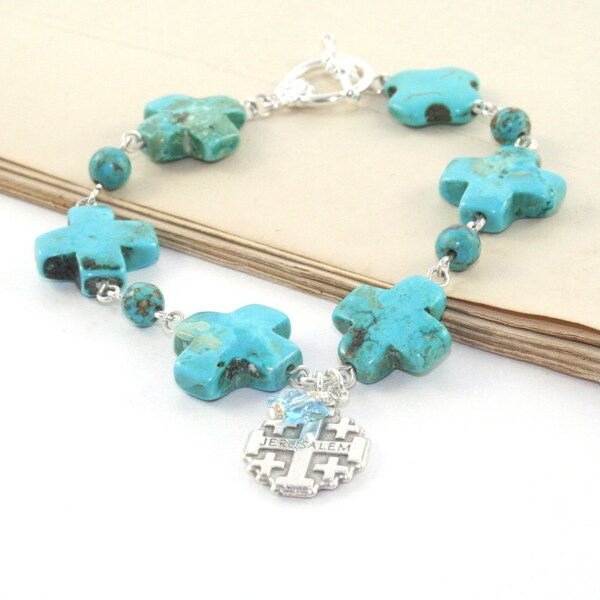 Christian Bracelet, Turquoise Howlite Cross Beads & Jerusalem Cross