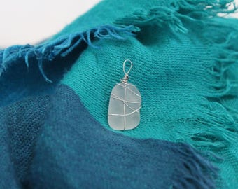White Sea Glass Necklace, Wire Wrapped: Simple Beach Jewelry