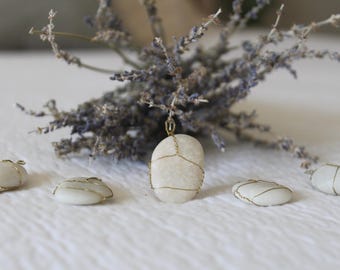 White stone necklace, minimalist pendant, simple beach style