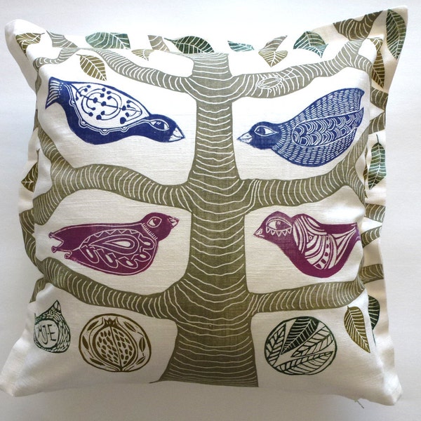 hand printed block print, cushion cover, tree of life, birds, purple, blue, olive green, living room, home interior, country cottage, farm