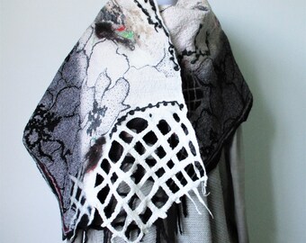 Beautiful Felted Scarf Very Light Soft Art Felt Wrap Shawl Black White