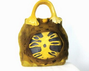 Felted Bag Purse Handbag Felt Wool Handmade Art 3D Yellow Brown Violet