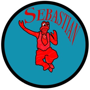 May include: A red cartoon character wearing a red and white costume jumps in the air against a blue background. The word "SEBASTIAN" is written in red letters on the right side of the image.