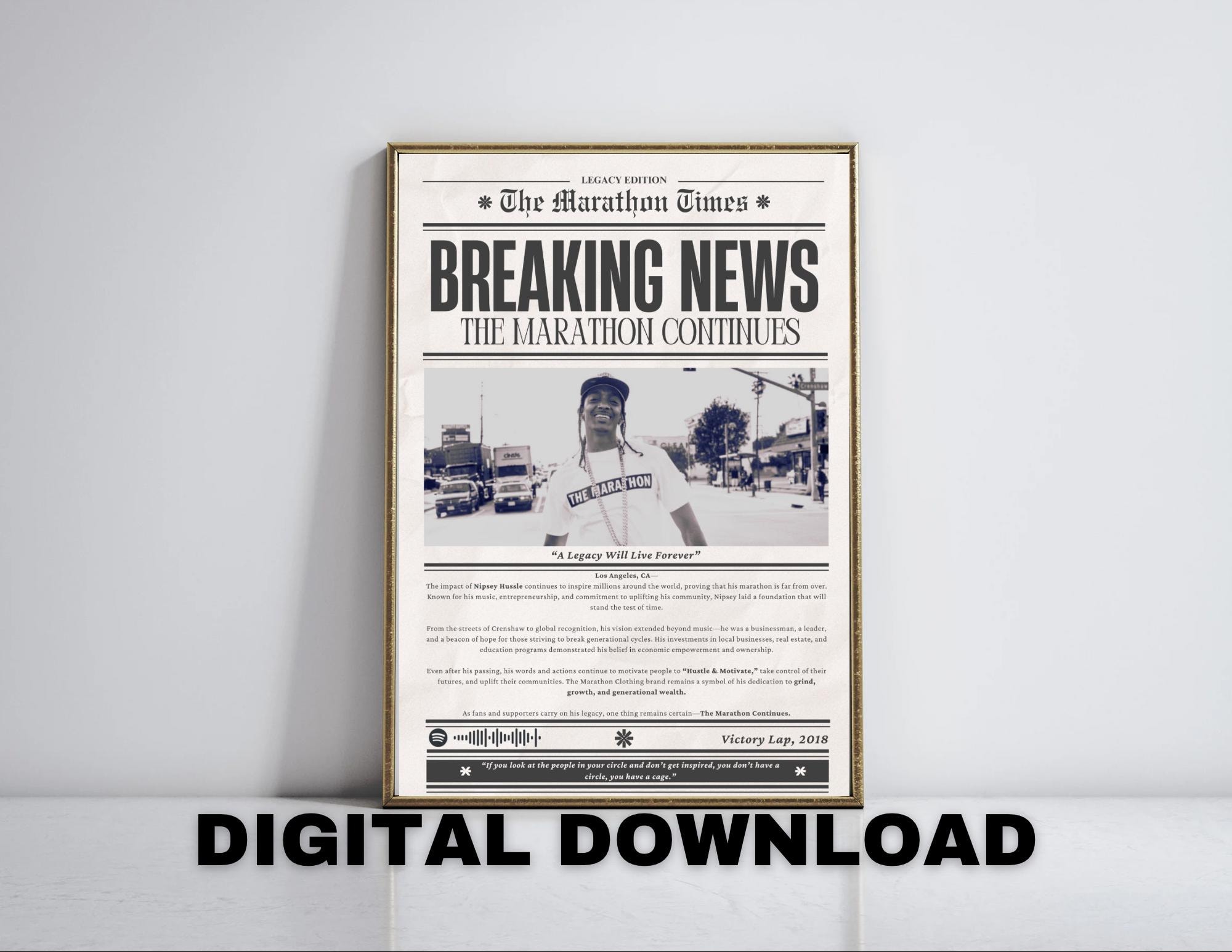 Nipsey Hussle Digital Poster|The Marathon Continues Printable Art|Hip Hop Newspaper Wall Decor|300 DPI PNG|Instant Download|Diy Print