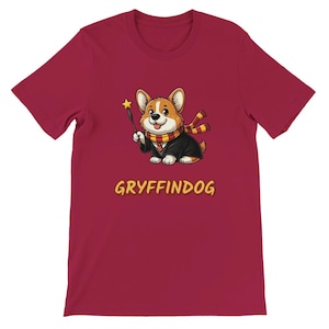 May include: A red t-shirt with a cartoon image of a corgi wearing a wizard robe and holding a wand. The text "GRYFFINDOG" is printed below the image.