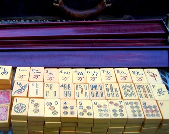SALE~ Catalin Antique Mahjong Set with Bakelite Tiles Racks-Mahjong Collectible Chinese Game- Dragons, Winds, Flowers-Vintage Board Games