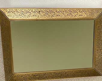 Large 16” Vanity Mirror, Retangle Embossed Brass Scroll Vines Mirrored Tray~ Make-Up Antique Dresser Mirror~ Perfume Tray~ Velvet Backing