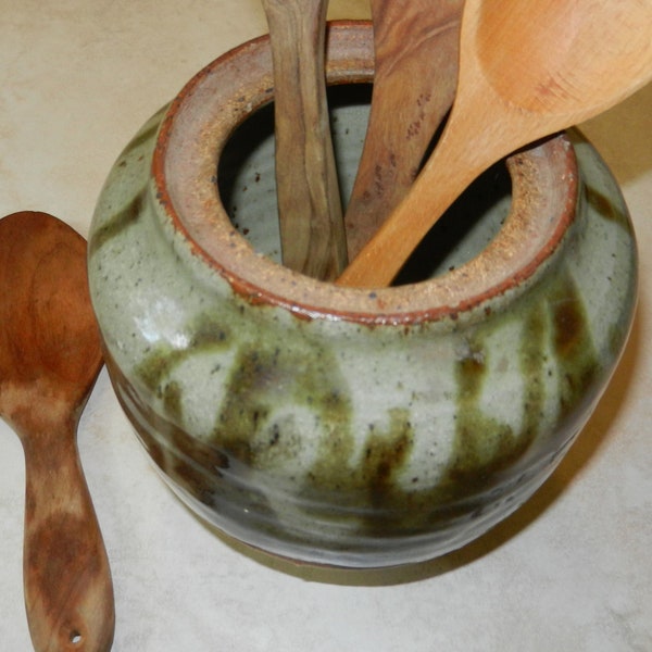 Vintage Pottery Vase~ Plant Pot~ Crock Pottery Kitchen Utensil Holder~Stoneware Planter or Vase~ Earthtones Green Sand Brown Handthrown Clay