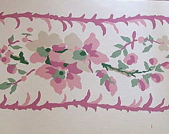 SALE - Vintage Wallpaper Boarder~ Pink, Sage, Hand Screened Floral Girls Bedroom Wall Decor~ Brunschwig Fils~ Shabby Chic Bathroom Paper