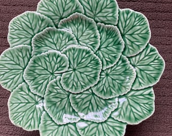 8 3/4” Cake Plate Pedestal Platter, Majolica Portugal Bordallo Pinheiro~ Green Geranium leaves Collectible French Country Kitchen