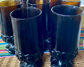 Set of 7 Tiffin Madeira Franciscan Smoked Brown American Blown Glasses Thumbprint Stem Glasses ~12 oz Footed Ice Tea Water Goblets, MCM Rare