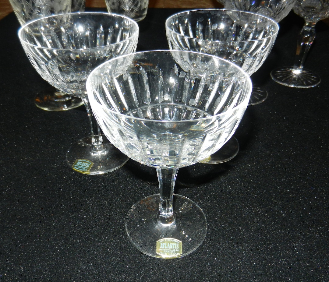 Set of 3 Crystal Atlantis Coupe, Wine, Champagne Glasses Cut Etched