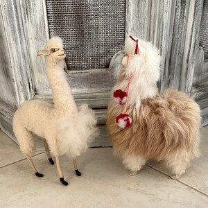 2 Llamas Super Fluffy Real Soft Fur Handmade Long Neck Alpacas Standing with Peruvian Details Stuffed Animals, from Peru image 2