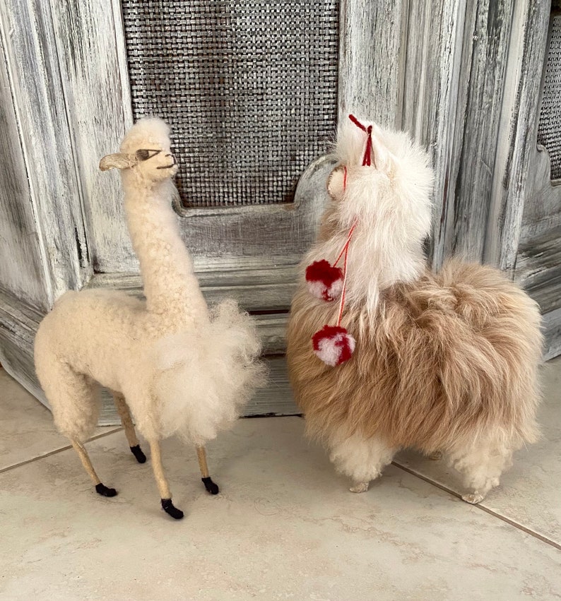 2 Llamas Super Fluffy Real Soft Fur Handmade Long Neck Alpacas Standing with Peruvian Details Stuffed Animals, from Peru image 2