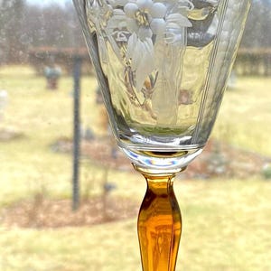 Rare 1920-30s Antique Tiffin Amber Pillar Wine Glasses~Etched Panels Crystal Glass~ Bell shape ribbed bowl, Columns, Frosted, Etched Grapes