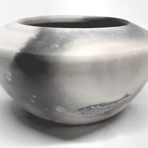 Vintage Saggar Art Bowl~ handmade Small Planter~ Raku Pottery Vase, Fire Pit Technique~White Gray Black Smoke signal design~Natural Ash