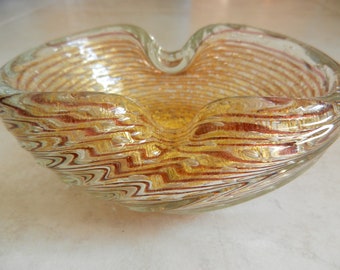 Vintage MURANO Barovier & Toso  Gold Dust Gold Flecked Venetian Glass~ Swirl Bowl Art Glass~ Ribbon Swirls Candy Dish~ Italian Glass