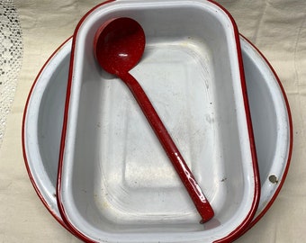 Vintage Red and White Enamelware Original Farmhouse Kitchen Bowl, Casserole Pan and Ladle~Old Kitchen Dishes 1940s Retro Country Decor