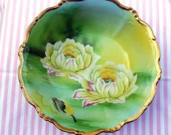 Rare Nogoya 1915- 1925 Antique porcelain Hand Painted Cabinet Bowl~ Old Large Lotus Serving Bowl Decor~ Japan I.E.C & Co~  Green Wreath Mark