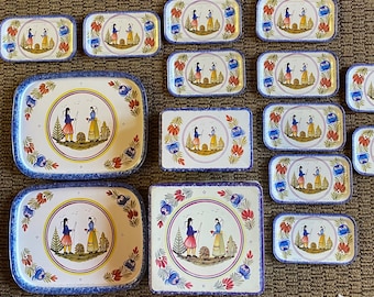 Sale~ 16 pc Collection of Quimper Tins~ Vintage Lid Boxes, Serving Platters, Appetizer Snack Trays- pattern HB Henriot ~  Massilly France