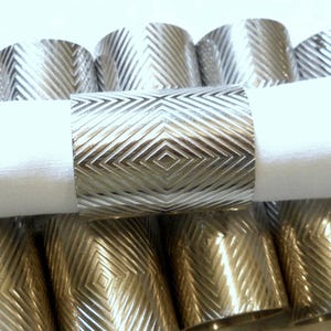 Contemporary Set of 12 Napkin Ring Holders~ Vintage Metal Tubular Modern Art Dining Table Decor~Etched 3D Carved Diamond Cut Stainless Steel