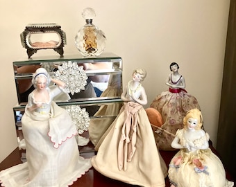 Beautiful Set of 4 1900- 1920s Victorian Antique Half Doll Collection~ sale ~ German Porcelain~ Pin Cushion, Dressing Table Decor~