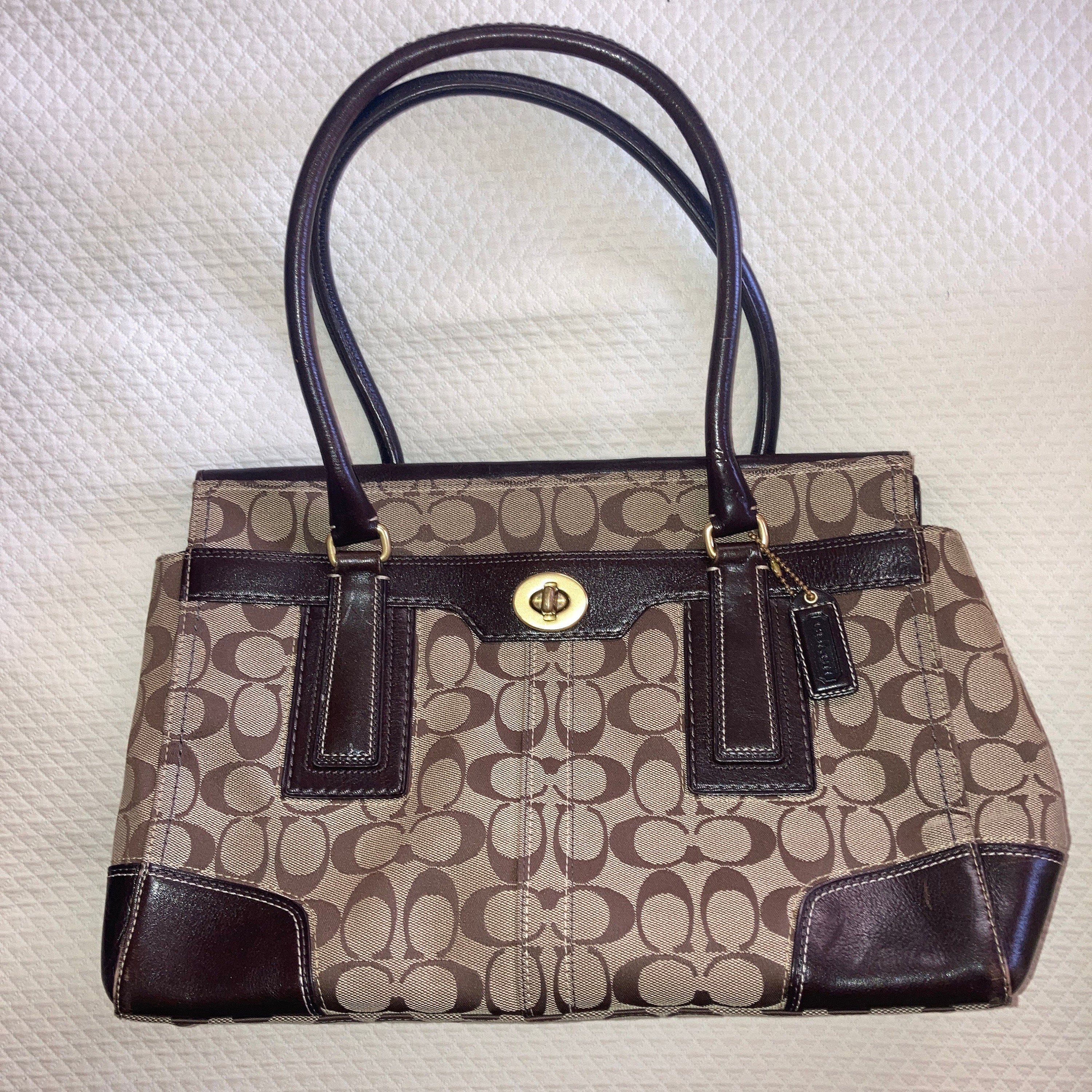 Excellent Vintage Coach Hampton 11063 Signature Tote Handbag Beige 