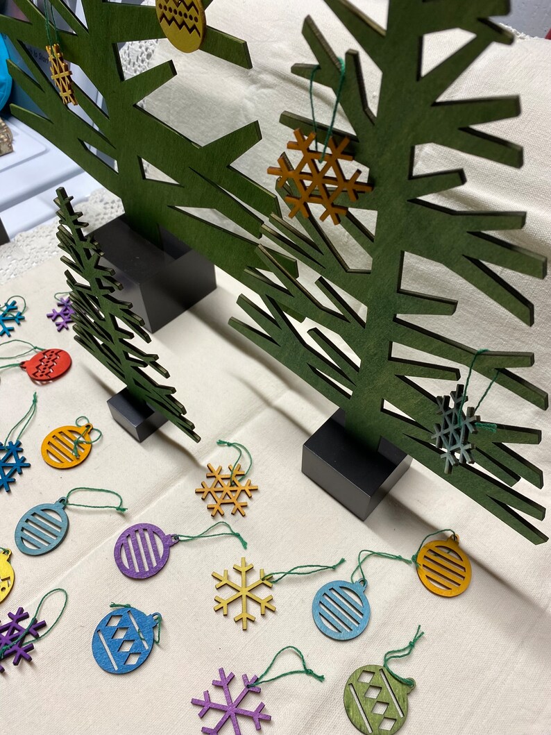 Set of 3 Swedish Vintage Alpine Christmas Trees With Ornaments Laser