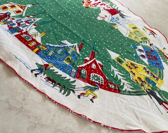 Vintage Christmas Table Runner Retro Table Linen Cloth Festive Families, Sleigh Ride in Village
