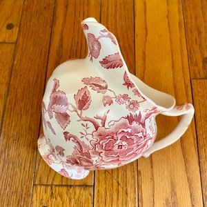 English Chippendale Johnson Bros. 24oz. Pink Red Flowers Pitcher England 1935-65 Garden Transferware for a Floral Countryside Tea Party image 5