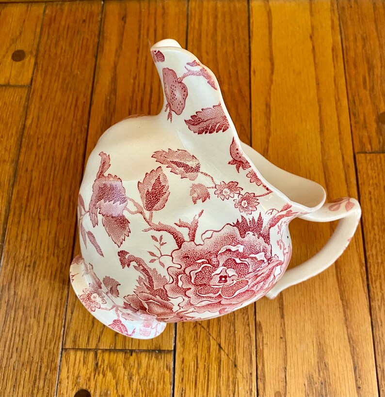 English Chippendale Johnson Bros. 24oz. Pink Red Flowers Pitcher England 1935-65 Garden Transferware for a Floral Countryside Tea Party image 5