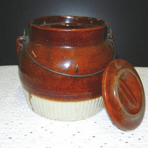 Sale~ Antique Stoneware Bean Crock~ baked bean pot~ Covered Bowl with Bail Handle~ Brown Pottery Storage Jar early 1900s Farmhouse Kitchen