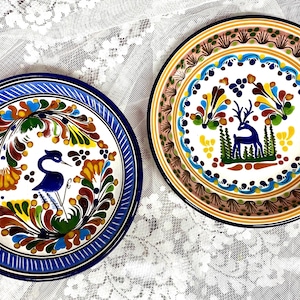 Sale~ 2 Vintage Talavera Terracotta ~ 7” Round Hand Painted Signed~ Crane & Deer, Handmade Mexican Pottery Display Wall Decor hanging plates