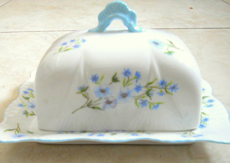 Antique Shelley Blue Rock Pattern Covered Butter Dish~ Made in England Number 13591~ Sweet Shabby Chic China~ Blue Floral Fine Bone China