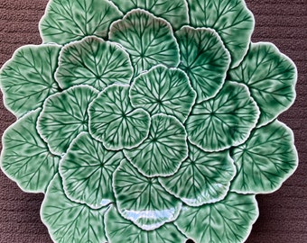 13” Cake Pedestal Platter Majolica Portugal Bordallo Pinheiro~ Green Geranium leaves Collectible French Country Kitchen