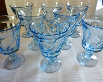 Set of 8 Vintage Fostoria Light Blue Jamestown 6” Tall Swirl Wine Glasses 10 oz~ Stemware Water Goblets ~ 1970s Glassware ~ Depression Glass