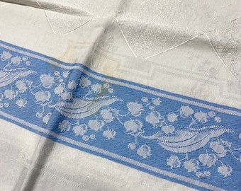 Reversible Irish Linen Tablecloth 44” X 42” Vintage Bistro Card Table White Diamond, Blue Shades, Lily of the Valley Pattern tablecloths