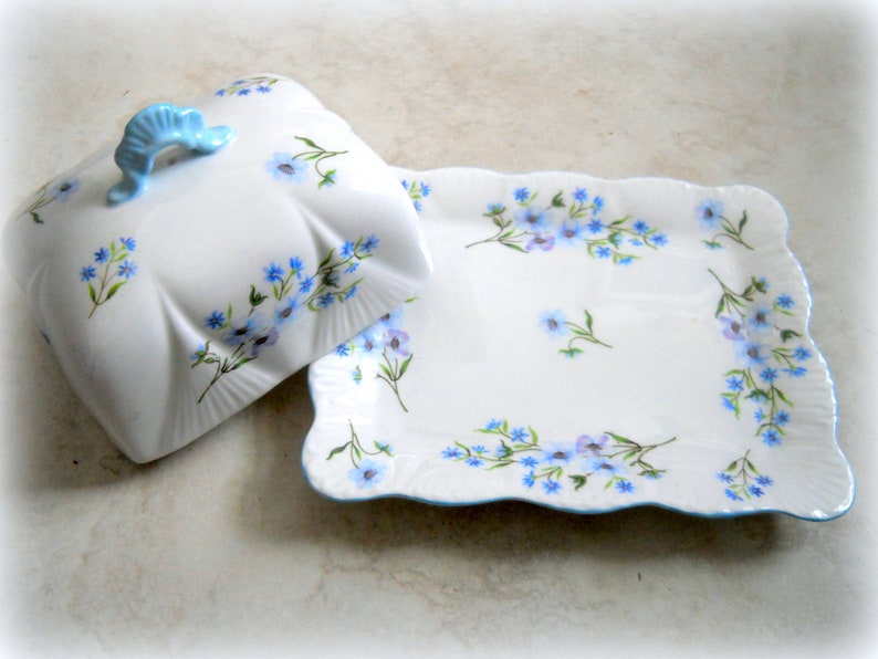 Antique Shelley Blue Rock Pattern Covered Butter Dish~ Made in England Number 13591~ Sweet Shabby Chic China~ Blue Floral Fine Bone China