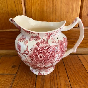 English Chippendale Johnson Bros. 24oz. Pink Red Flowers Pitcher England 1935-65 Garden Transferware for a Floral Countryside Tea Party image 2