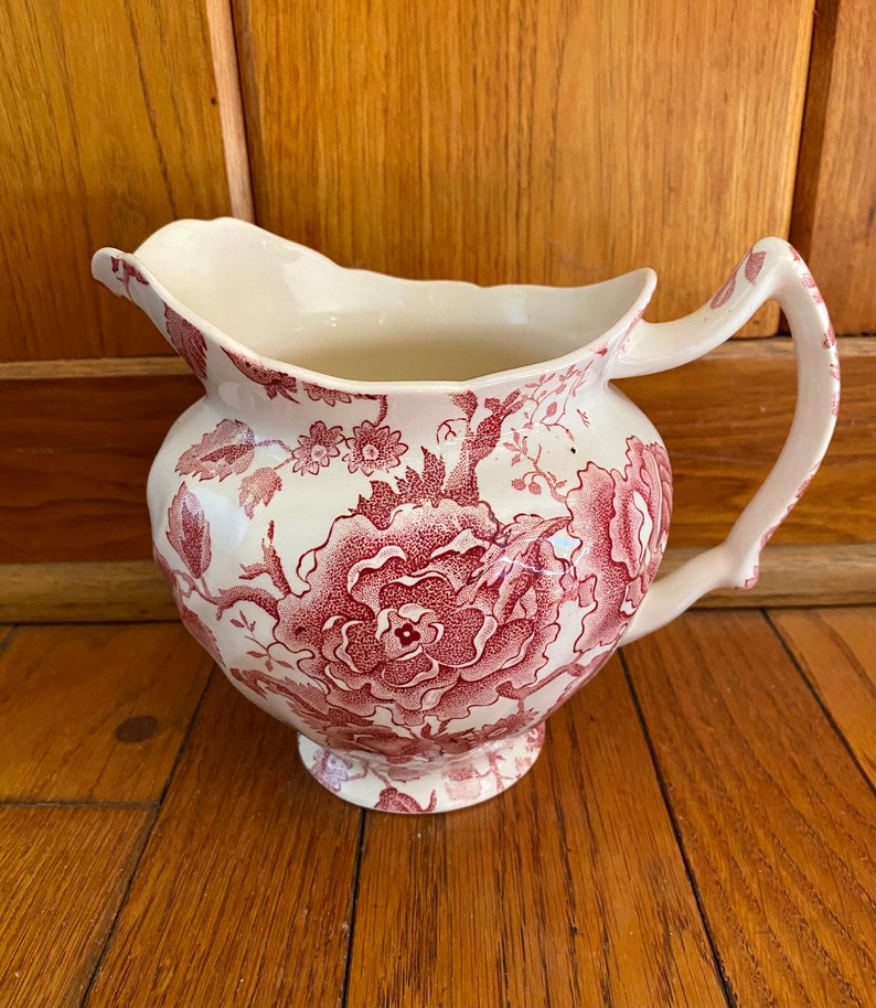 English Chippendale Johnson Bros. 24oz. Pink Red Flowers Pitcher England 1935-65 Garden Transferware for a Floral Countryside Tea Party image 2