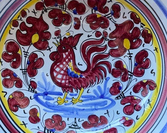 10" inch~ The Galletto Rooster Bowl Vintage Italian Serving Pottery Dish~ Hand Painted Excellent Condition, Red Dining Italian Kitchen Decor