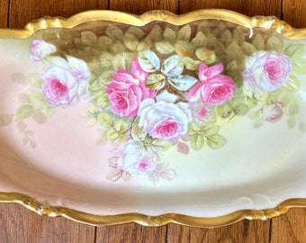 Elite Works LIMOGES FRANCE~ Hand Painted, Signed~ Beautiful Pink Rose Bouquet Porcelain Oval Serving Dish~ 14K Gold Trim~ French Decor