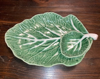 Majolica Portugal Bordallo Pinheiro~ Green Cabbage leaves shrimp platter with dip bowl, French country decor