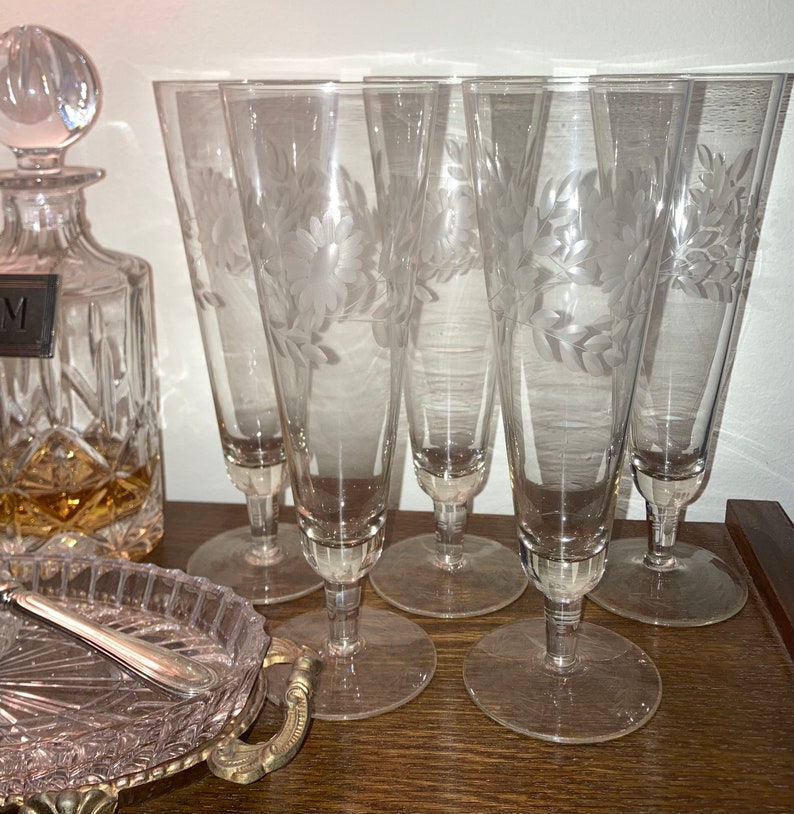 5 Antique Etched Crystal Pilsner Flutes Bulgarian Champagne Etsy