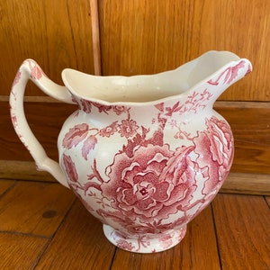 English Chippendale Johnson Bros. 24oz. Pink Red Flowers Pitcher England 1935-65 Garden Transferware for a Floral Countryside Tea Party image 1