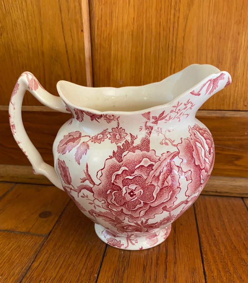 English Chippendale Johnson Bros. 24oz. Pink Red Flowers Pitcher England 1935-65 Garden Transferware for a Floral Countryside Tea Party image 1