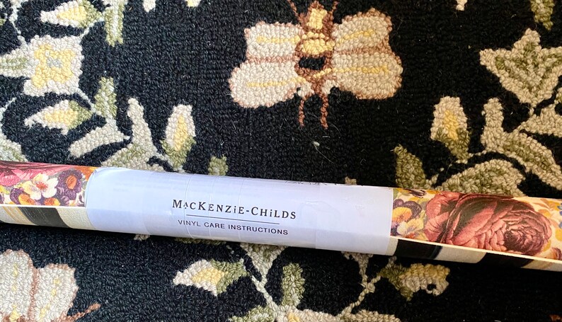 Vintage MacKenzie Childs 34 New Vinyl Kitchen Mat, Rubber backing NOS Torquay Kelp/Bloomsberry Pattern, Courtly Enamel Looking Striped Edge image 8